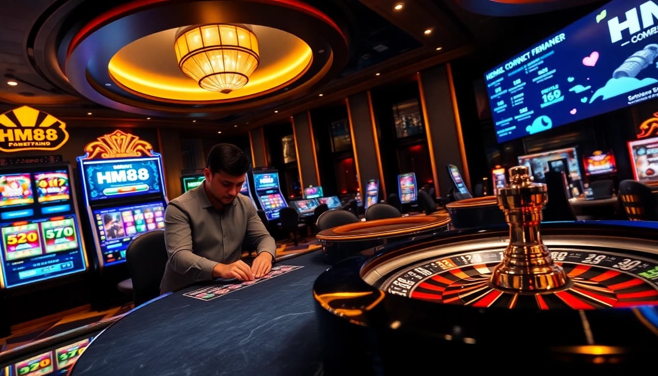 Professional gambler placing bets on HM88 high-limit poker table with real-time odds and casino chips