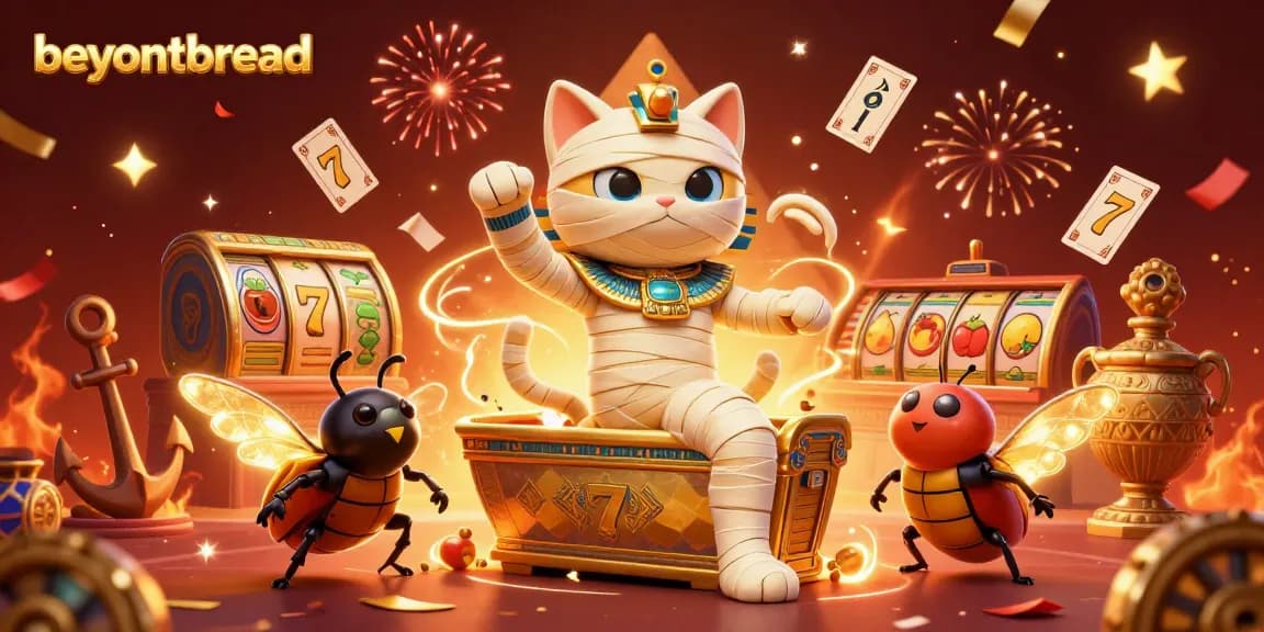 beyondbread showcases a colossal Egyptian mummy cat unleashing casino slot excitement with golden treasures.
