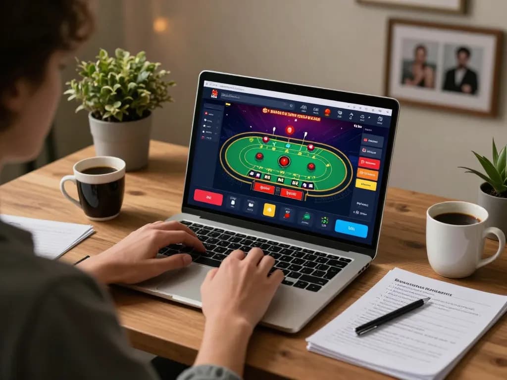 Engaging in x88 online gambling with a live dealer game on a laptop in a stylish home office.