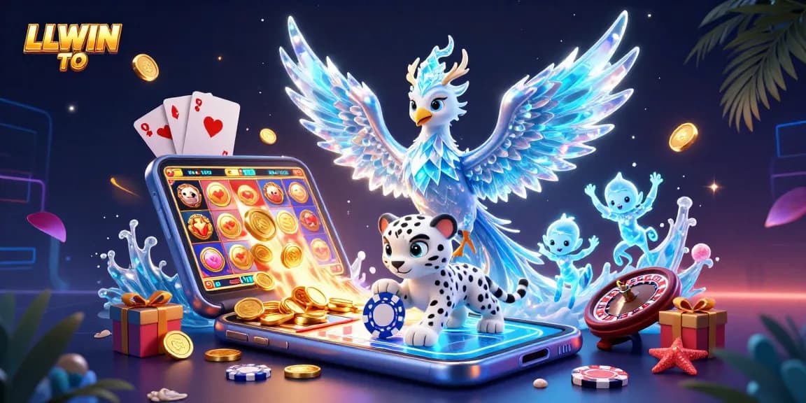 LLWIN TO illustrations showcase an exciting casino experience with colorful slot games and interactive elements.