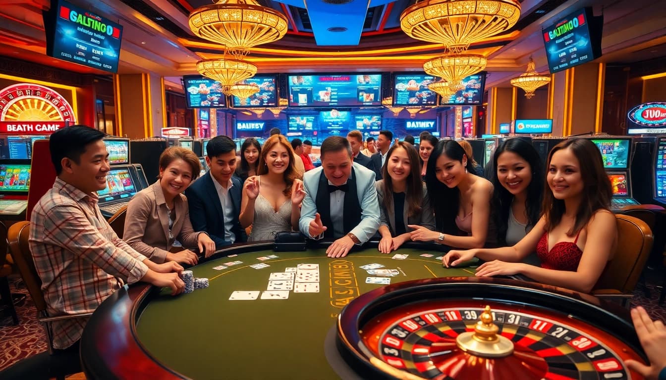 Experience the excitement of nhà cái Da88 with engaging casino games and vibrant players at a luxurious gambling table.