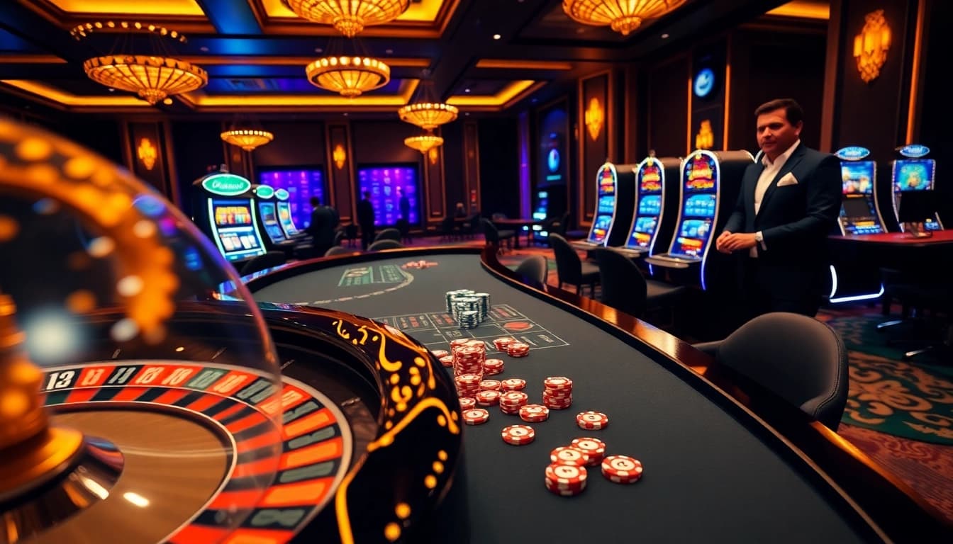 Players enjoying their time at i9bet, surrounded by luxurious casino amenities and vibrant games.