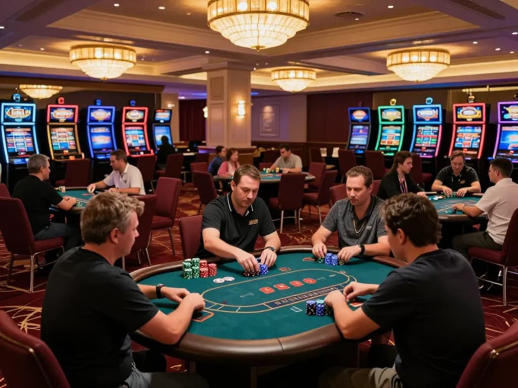 Players enjoying a strategic poker game at AU88's upscale casino, featuring vibrant decor and luxurious settings.