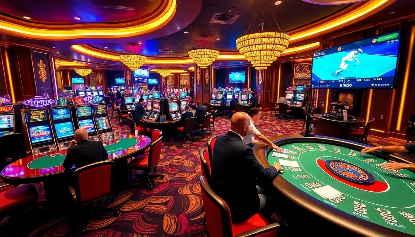 Players engaging in lively games at KP88 casino, showcasing excitement and luxury.