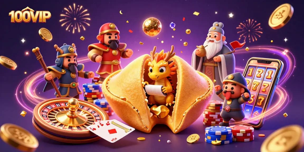 Experience excitement at 100VIP with vibrant casino elements and golden treasures.