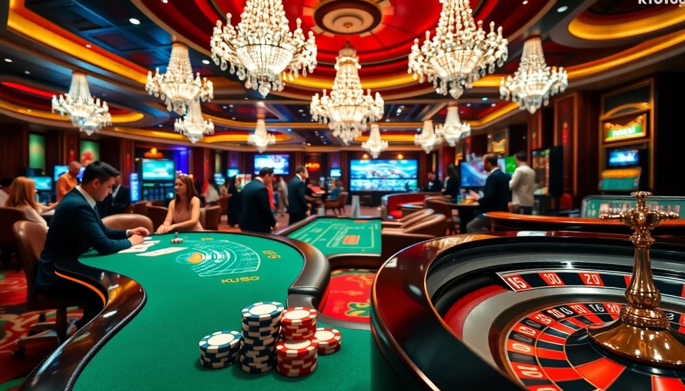 KJC88 gamers experiencing high-stakes excitement at a luxurious casino table with vibrant atmosphere.