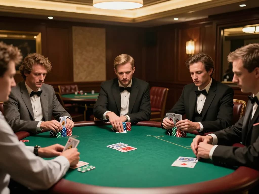 79KING poker players strategizing with intense focus at a high-stakes game table.