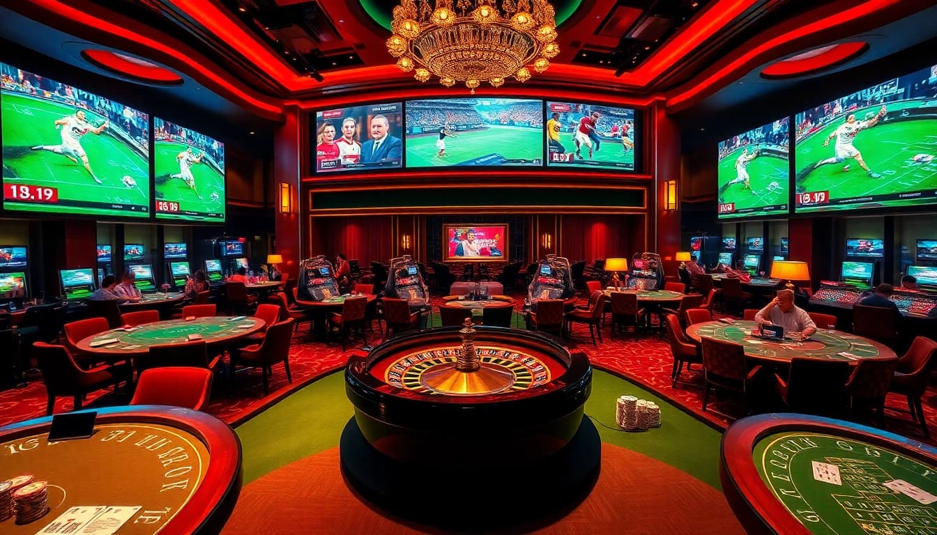 Players enjoying an exciting poker game at rikvip casino, surrounded by vibrant chips and a roulette wheel.