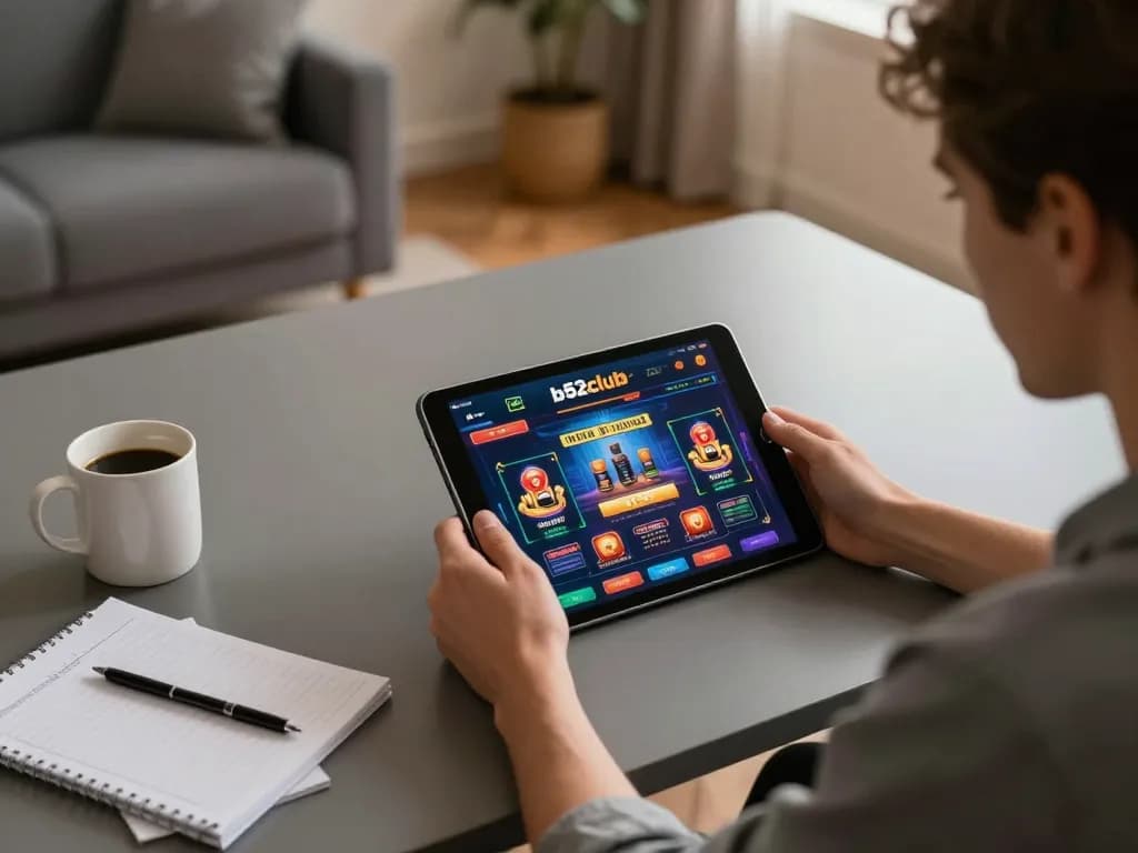 Player engaging with b52club on a tablet in a cozy home gaming setup