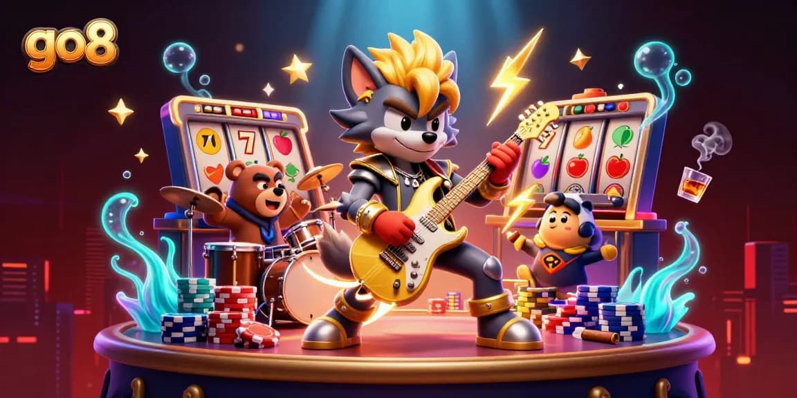 Experience thrilling excitement at go8 with dynamic 3D casino illustration featuring rock star wolf and jackpot symbols.