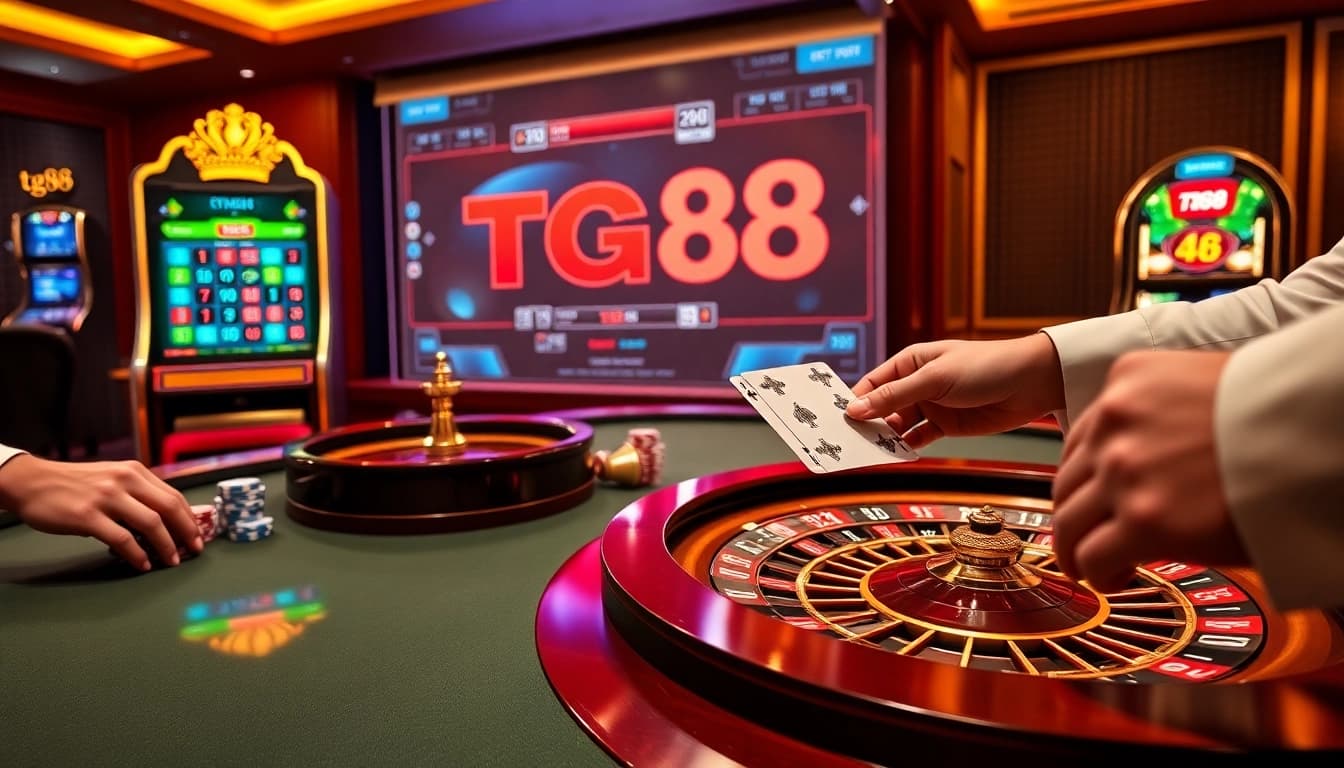 Professional gambler placing a strategic bet with TG88 poker chips and cards on a luxury casino table