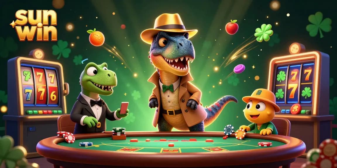 Engaging illustration of sun win themed slot game featuring a dinosaur casino scene with lively characters.