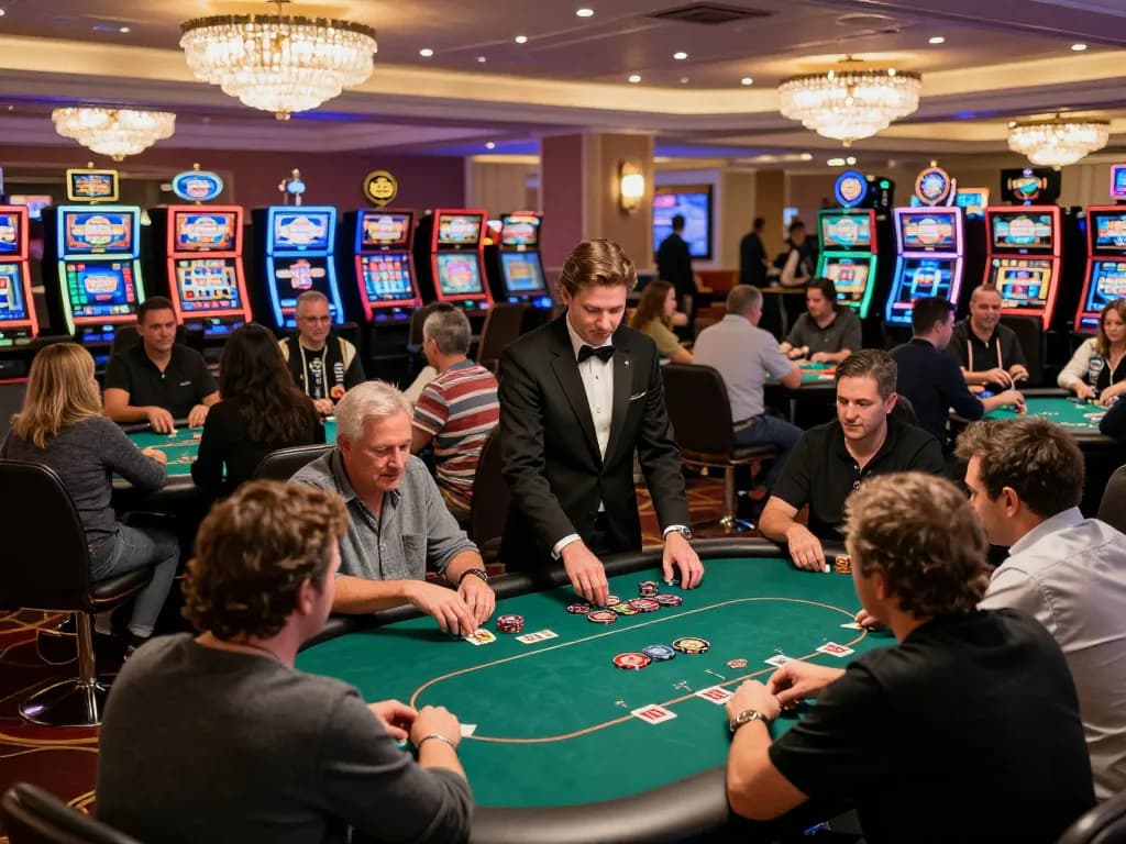 Engaged players at poker tables in a vibrant casino floor during an exciting game night with 90P atmosphere.