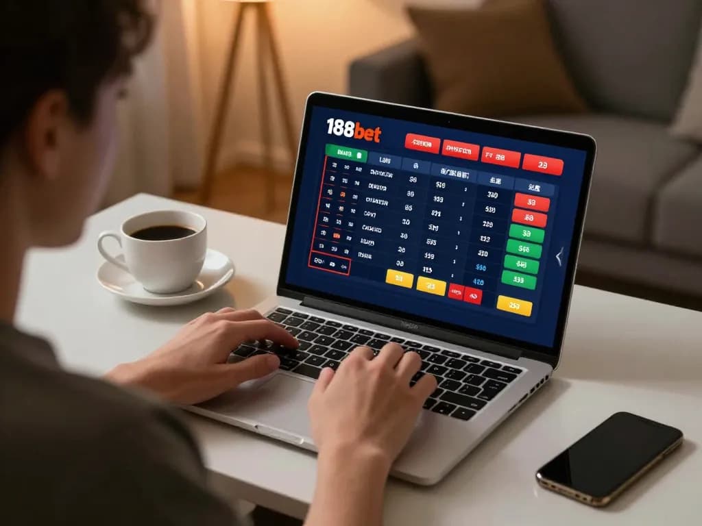 Engaging with 188bet link on laptop for live sports betting in a cozy home environment.