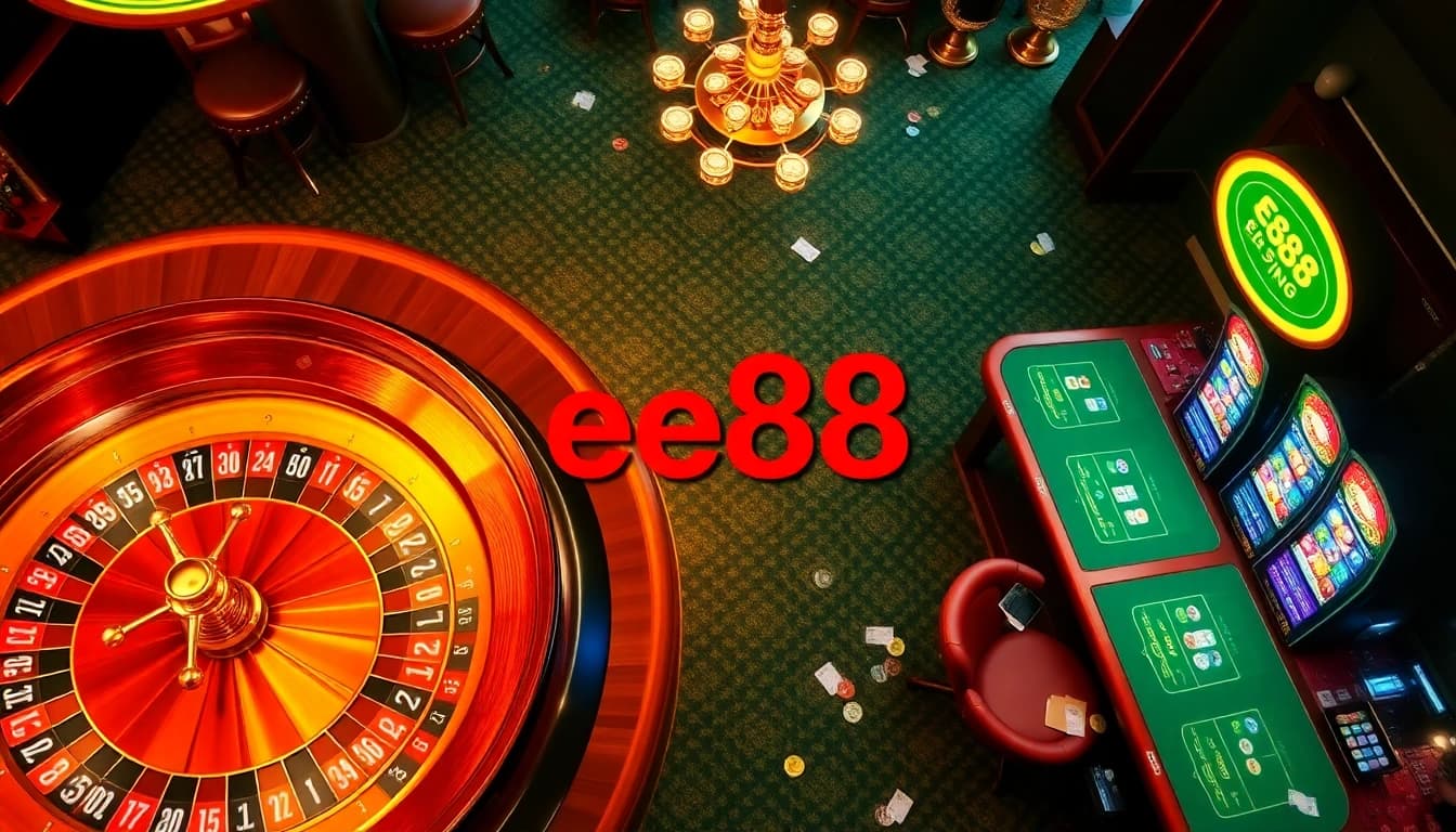 Exciting scene of gamblers enjoying various games at ee88 casino, featuring roulette, poker tables, and vibrant slot machines.