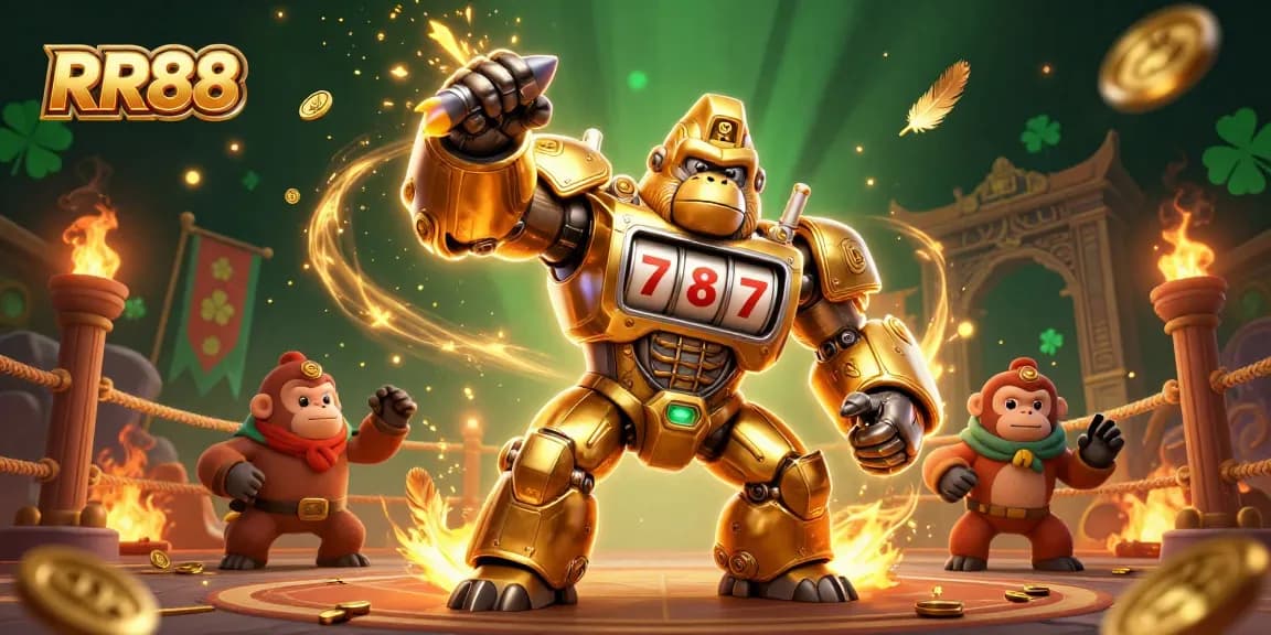 RR88's golden gorilla mech showcases thrilling casino elements, offering dynamic gaming excitement.
