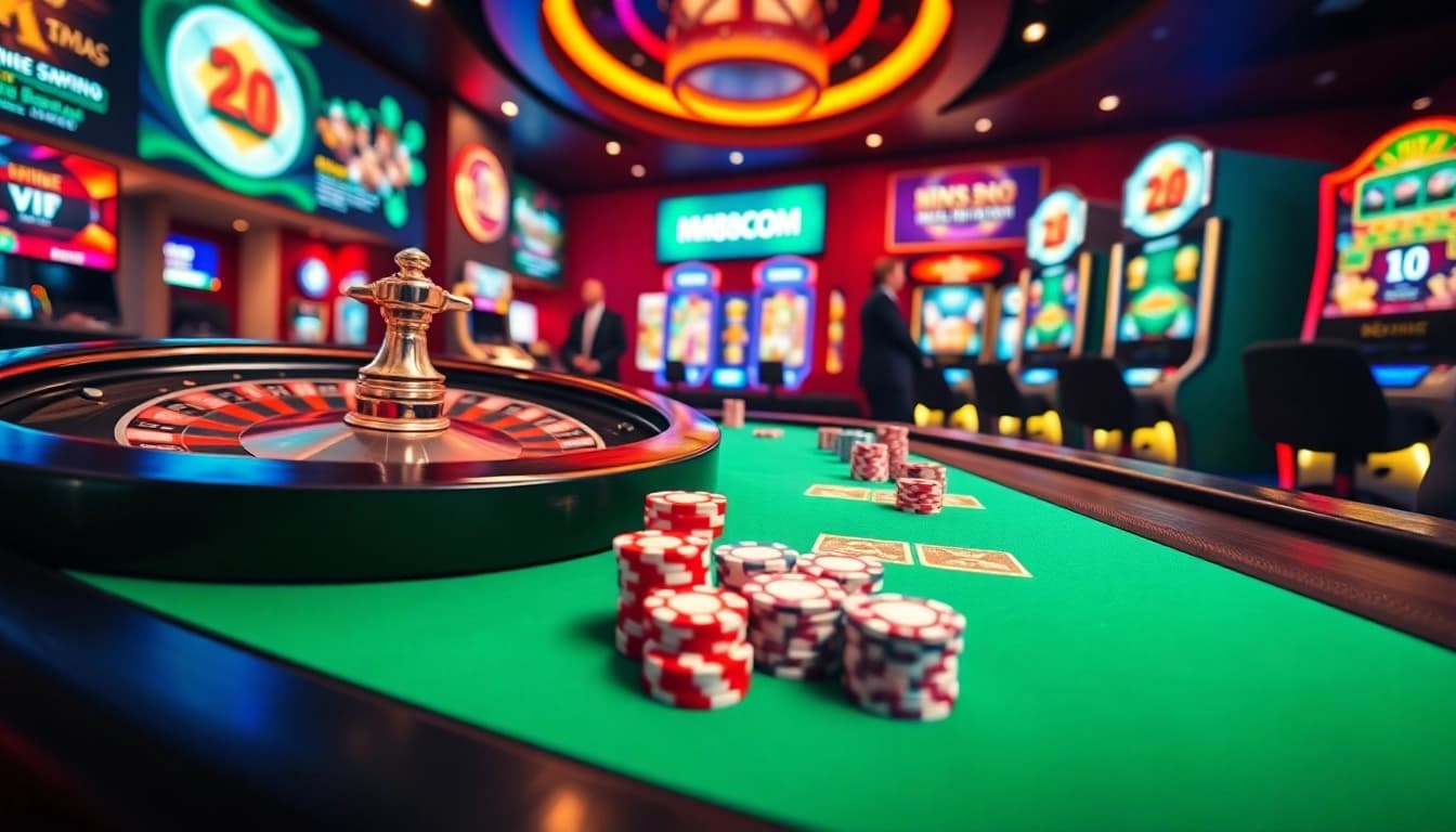 Experience luxury gaming at MM88 COM with vibrant casino tables, poker chips, and exciting slot machines.