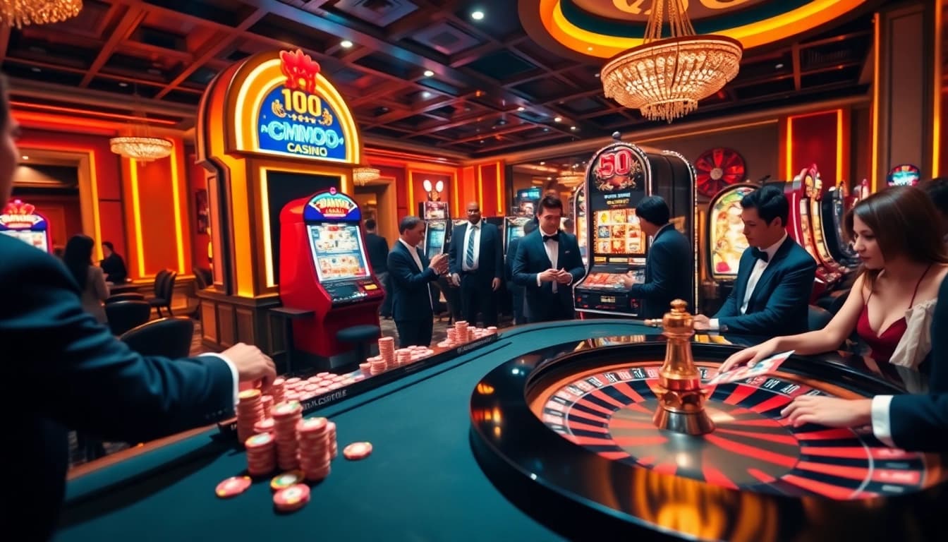 Players enjoying the vibrant atmosphere of mmoo's online casino with roulette and slot machines.
