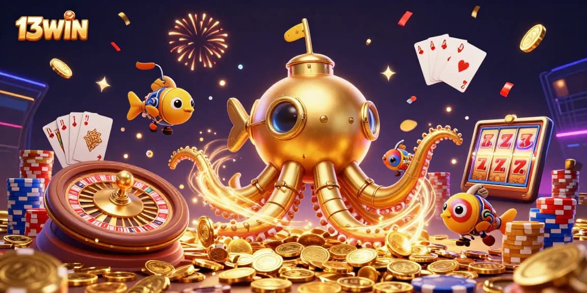 Experience thrilling gameplay at 13WIN with a golden kraken submarine amidst cascading coins.