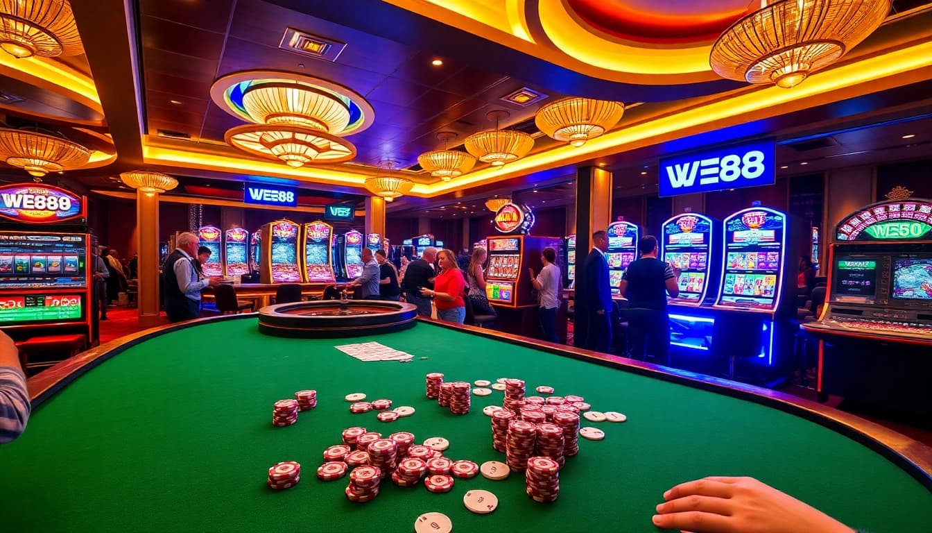 Players enjoying a vibrant casino atmosphere at WE88 with slot machines and roulette tables.