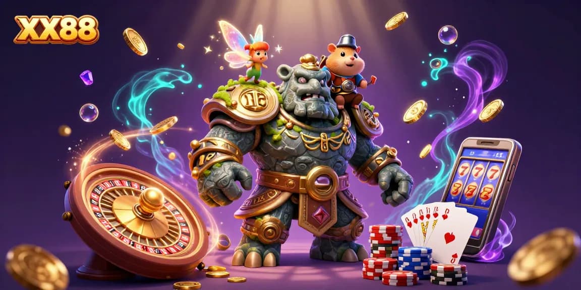 Experience the thrill of XX88 with a magical golem and knight in a vibrant casino scene.