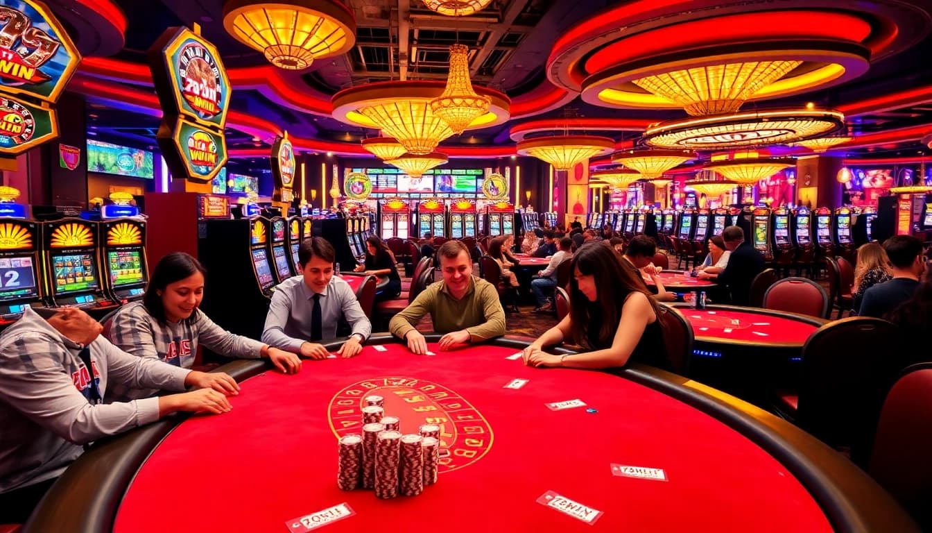 Players enjoying a thrilling experience at 78WIN casino tables with vibrant games and excitement.