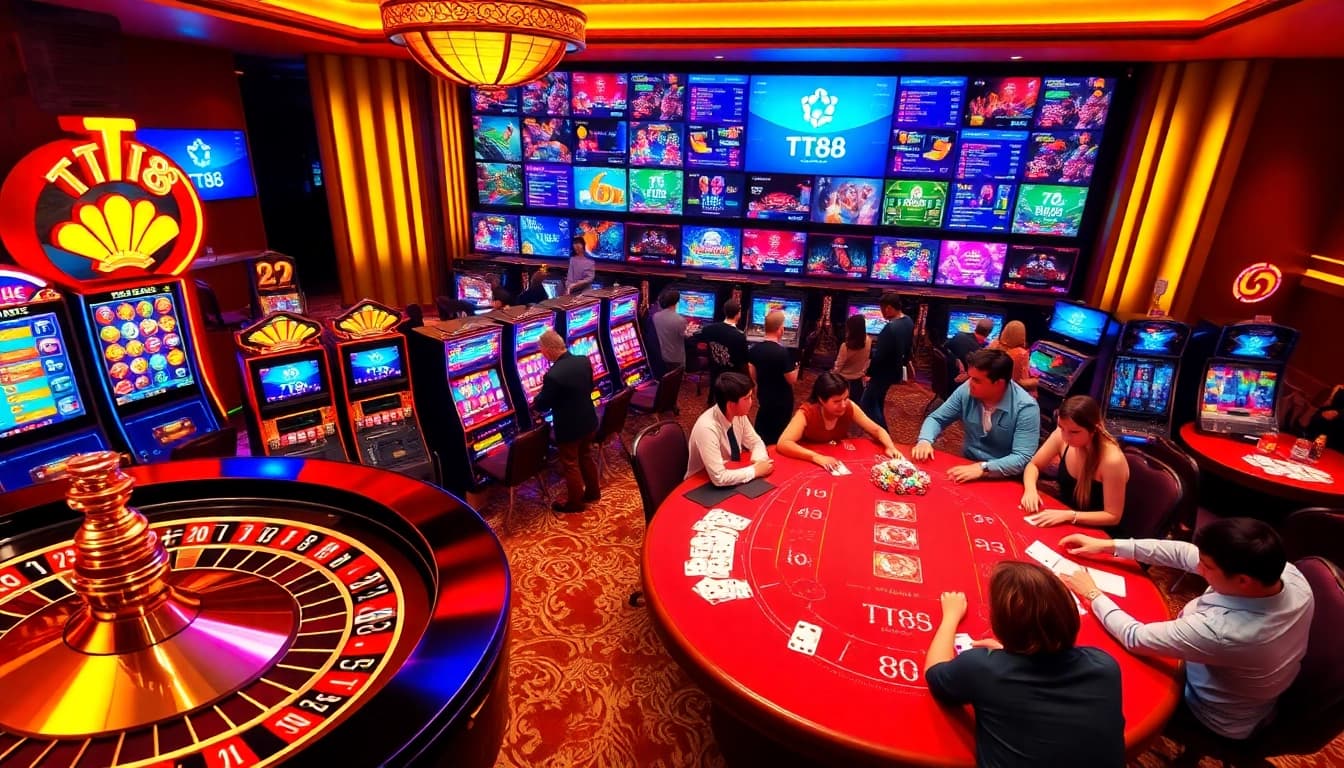 Exciting casino scene featuring TT88 online gambling elements like roulette and poker tables.