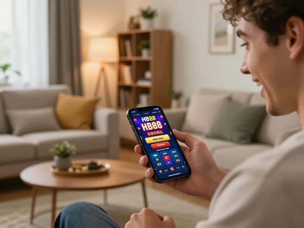 Player celebrating a win on the HB88 mobile app in a cozy home setting, showcasing responsible gaming.