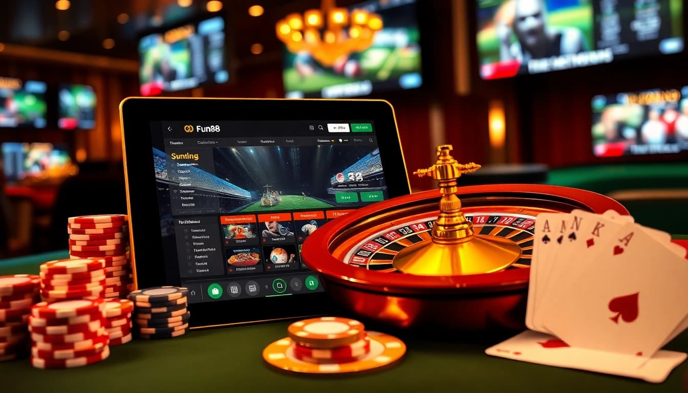 Experience the excitement of Fun88 with a vibrant online casino atmosphere showcasing poker chips and a roulette wheel.