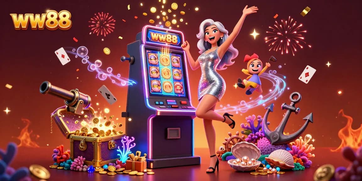 Win big at ww88 with a vibrant scene of an excited player celebrating a jackpot alongside colorful slots and casino elements.