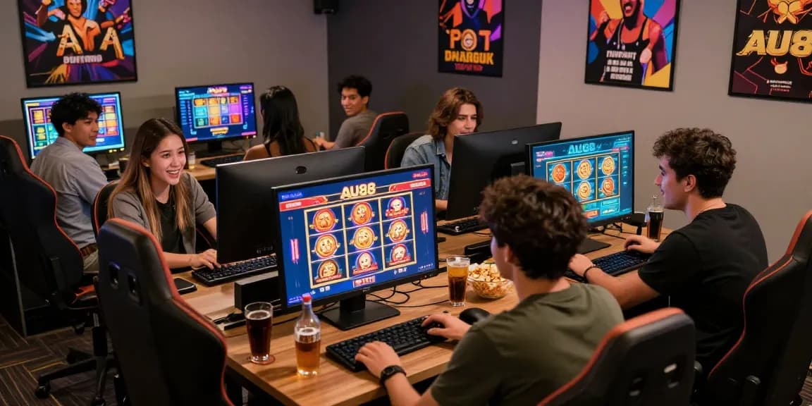 Engaged friends enjoying AU88 online casino games in a vibrant gaming environment.