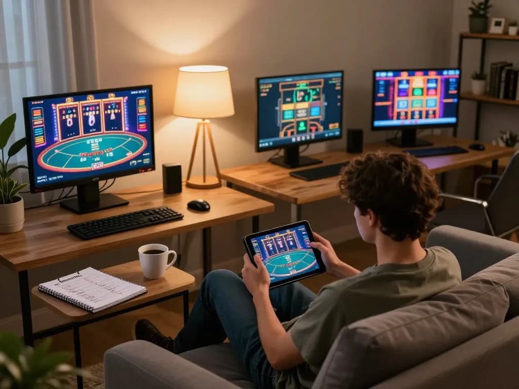 Person engaging in online gaming at OPEN88 with tablet and notes in cozy home setup