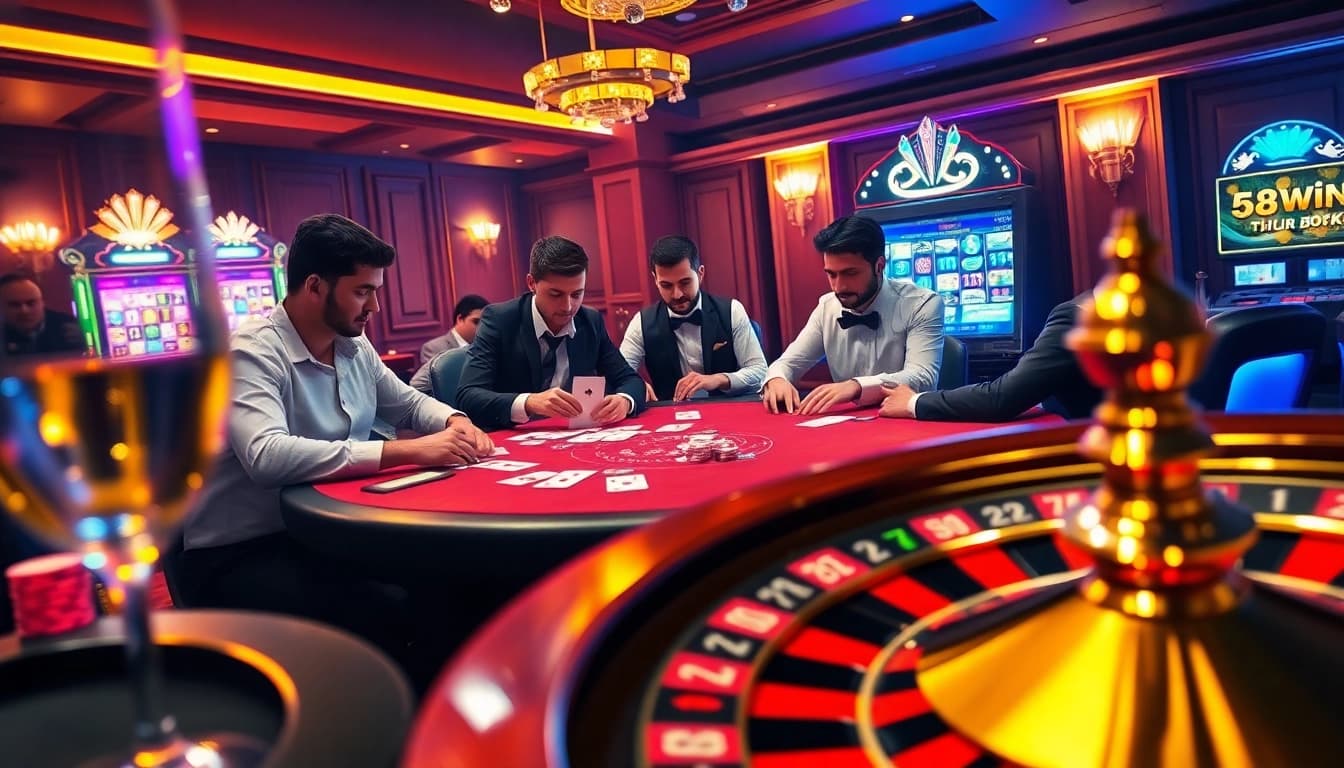 A vibrant poker table scene at nhà cái 58WIN, showcasing professional players and exciting casino ambiance.