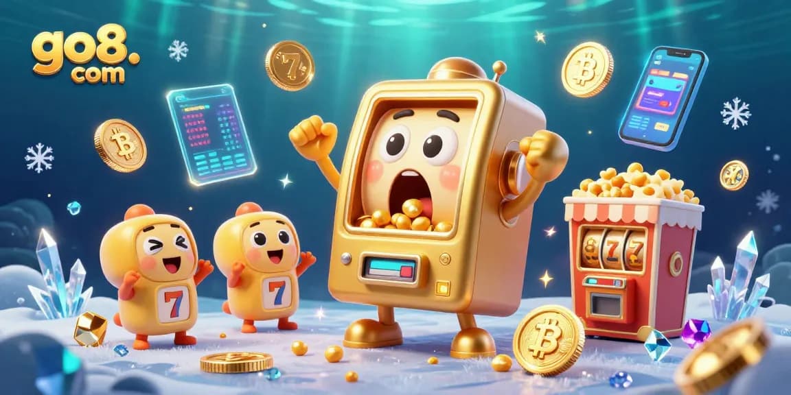 Experience the excitement of go8. com with a golden slot machine hitting a jackpot, surrounded by cheering slot machines and crypto coins.