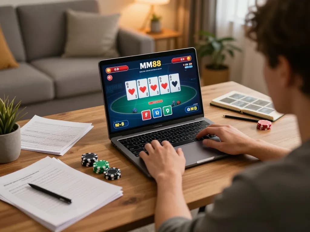 Engaging MM88 poker game scene showcasing strategic gameplay in a cozy home office