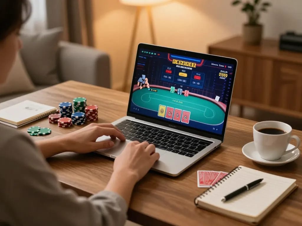 Engaging in online poker at QQ88 with strategy notes and chips on display.