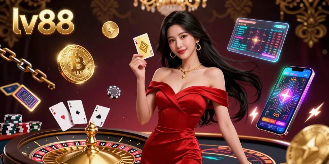 Experience the excitement of online gaming at lv88 with a beautiful dealer by the roulette wheel.