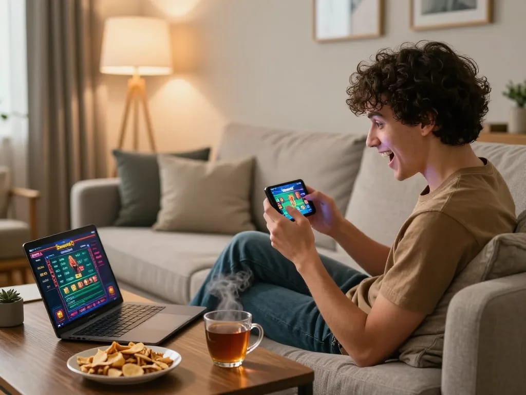 Player enjoying a thrilling moment on the Sunwin20 mobile app in cozy home setup
