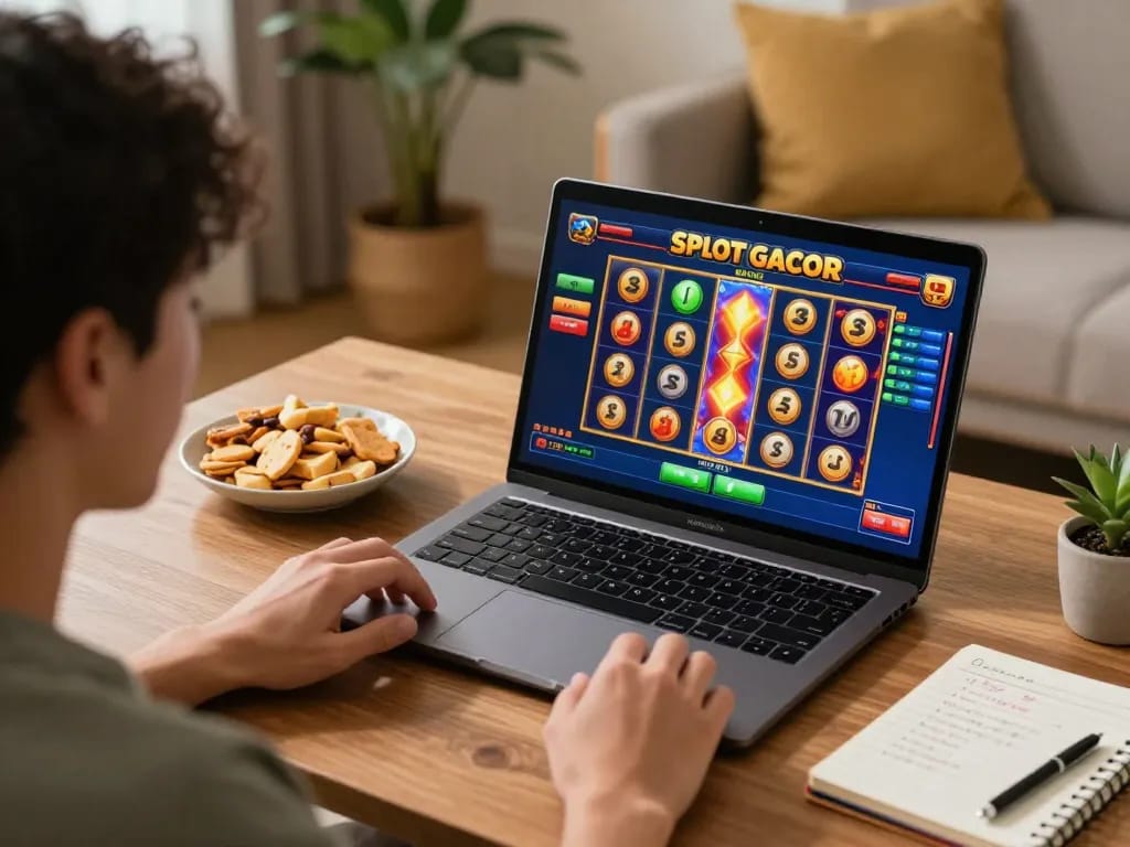 Engaged in Slot Gacor gameplay on a laptop, showcasing online gambling in a cozy setting.