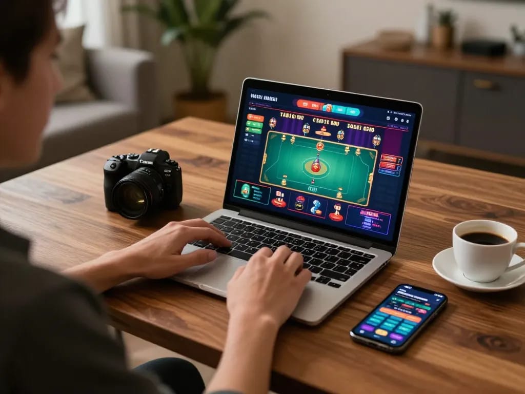 Engaging in online gaming with fly88 on sleek laptop, showcasing live dealer excitement.