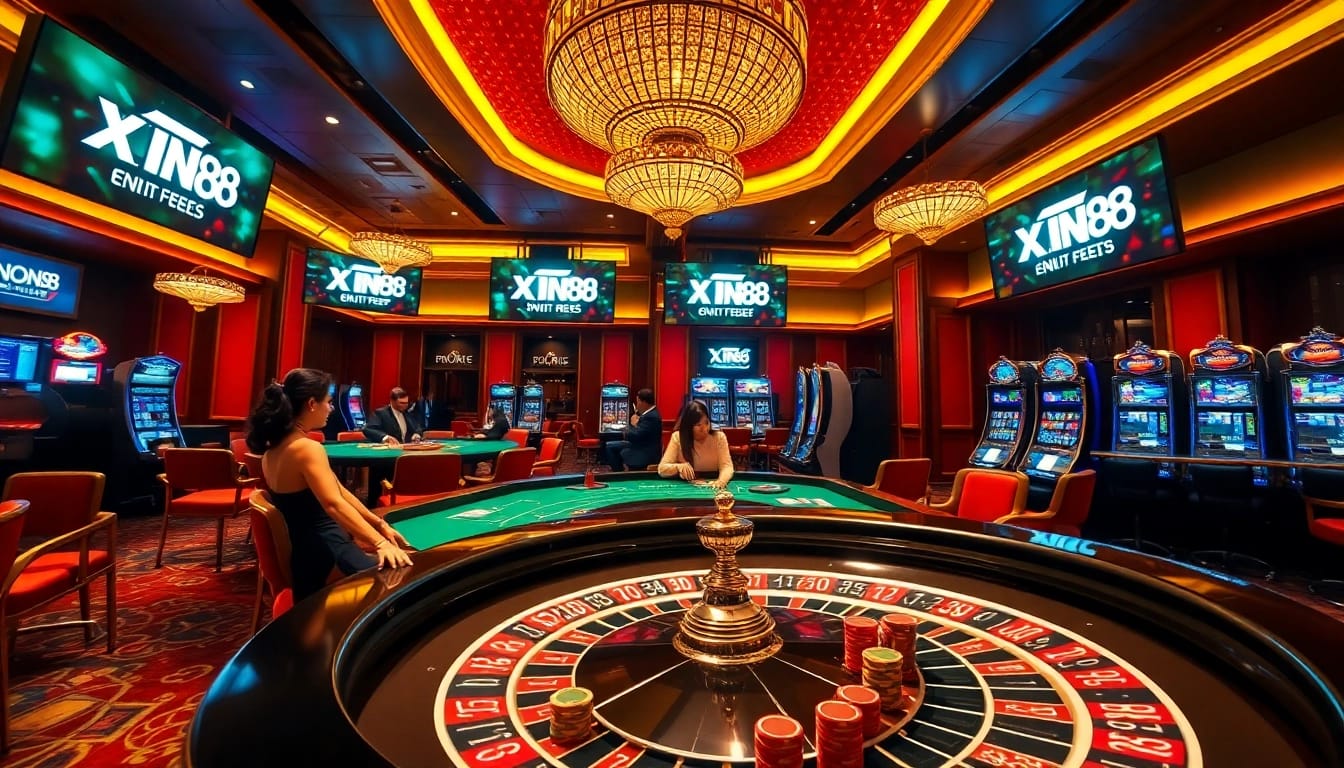 XIN88 casino scene with players enjoying roulette and poker amidst luxurious decor.