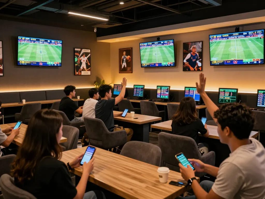 Bsport users engaging in live sports betting with mobile devices in a vibrant lounge