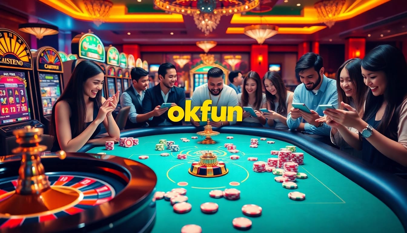 Engaging gamblers using the okfun app in a luxurious casino setting.