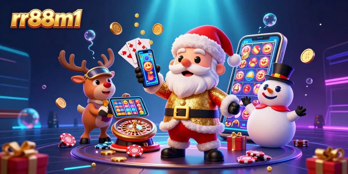 Experience festive gaming fun with rr88m1's dynamic casino scene featuring Santa and friends.
