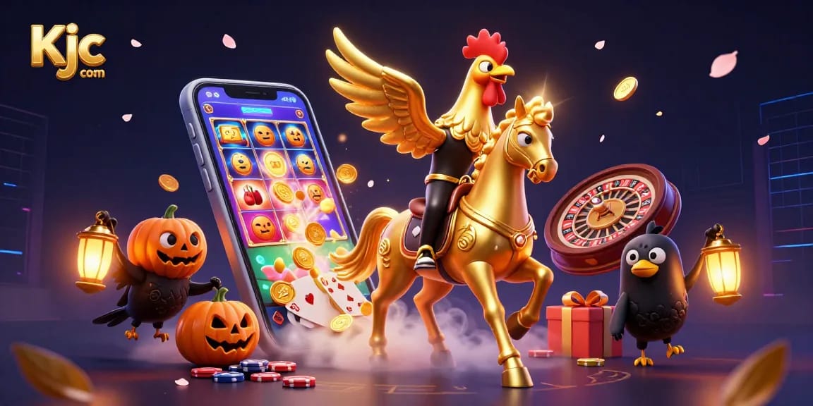 Win on Kjc com with vibrant casino games and festive characters in a dynamic casino scene.