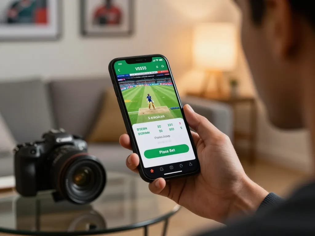 Active sports betting on VS555 app with live cricket odds showcased on smartphone
