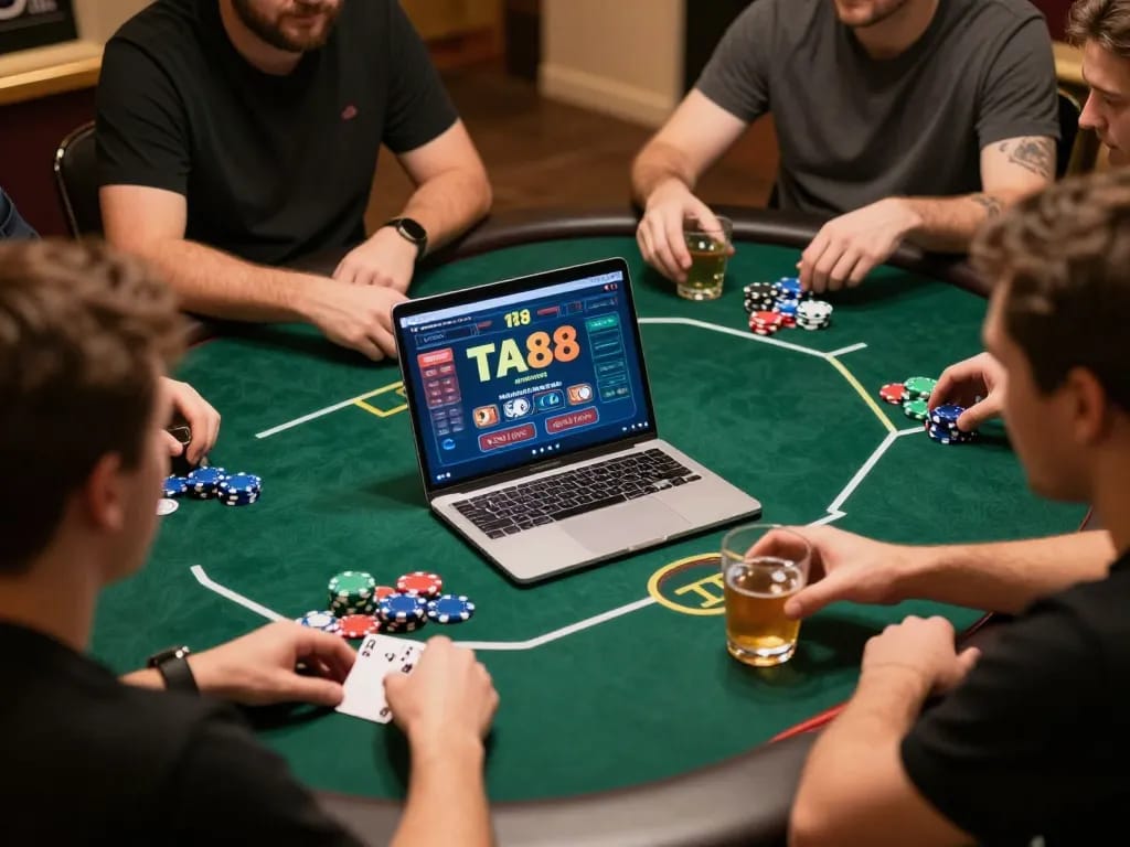 Friends enjoying a friendly poker game on TA88, colorful chips and drinks on the table, strategic gameplay atmosphere