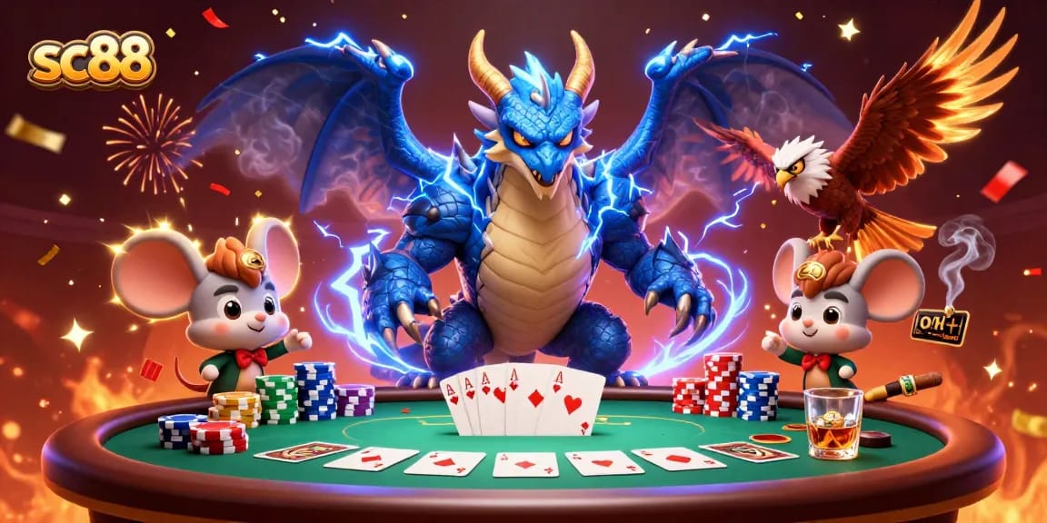 Experience sc88's thrilling gameplay with a vibrant, dynamic 3D casino scene featuring poker elements and energetic characters.