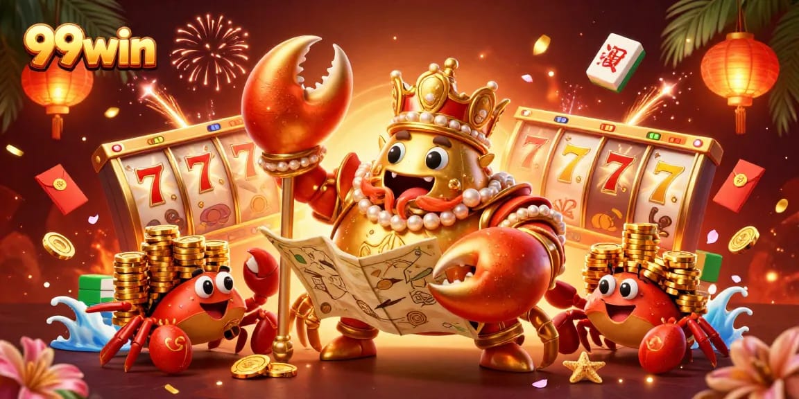 Experience the thrill of 99win with an emperor crab leading a vibrant casino adventure.