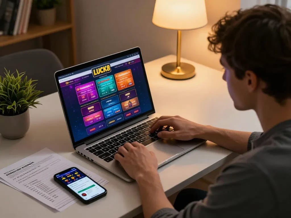 LUCK8 user engaged in online casino gaming, betting strategies visible on table.